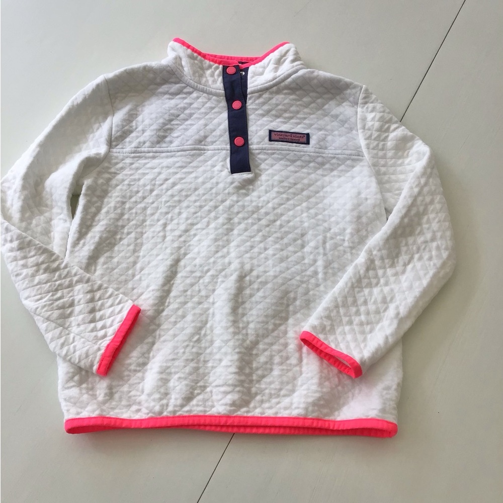 Vineyard Vines White Quilted Kids Pullover with Neon Pink Trim